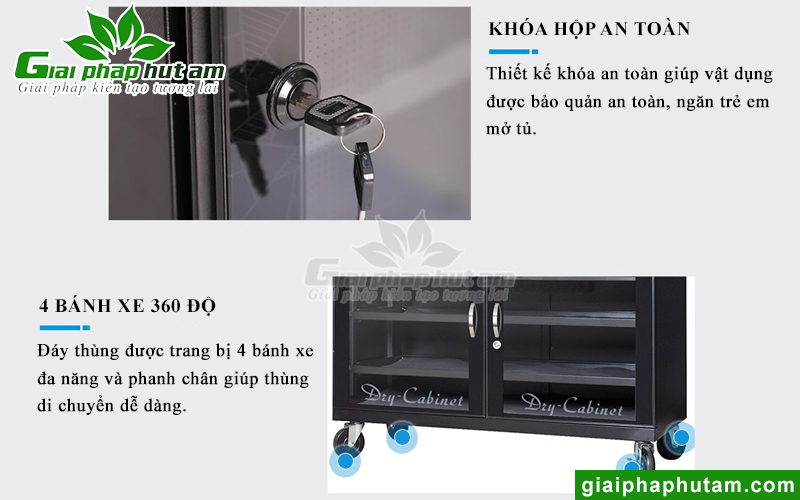 Thiết bị có ổ khóa và 4 bánh xe di chuyển