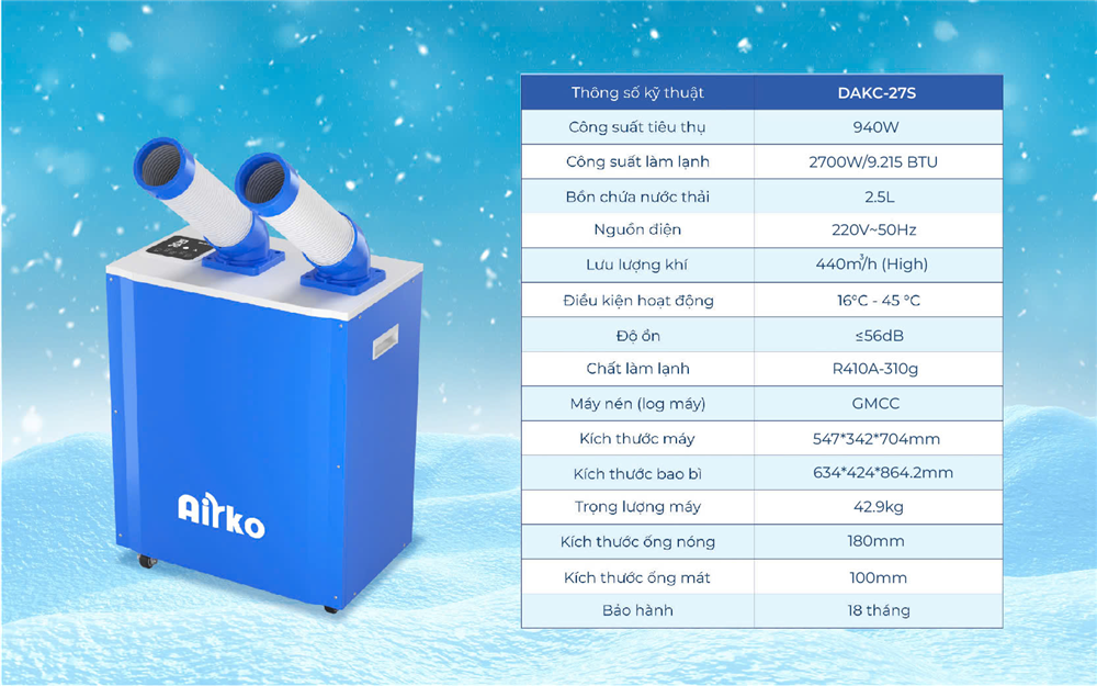 Bảng thông số Điều hòa di động công nghiệp Airko DAKC-27S New 2025